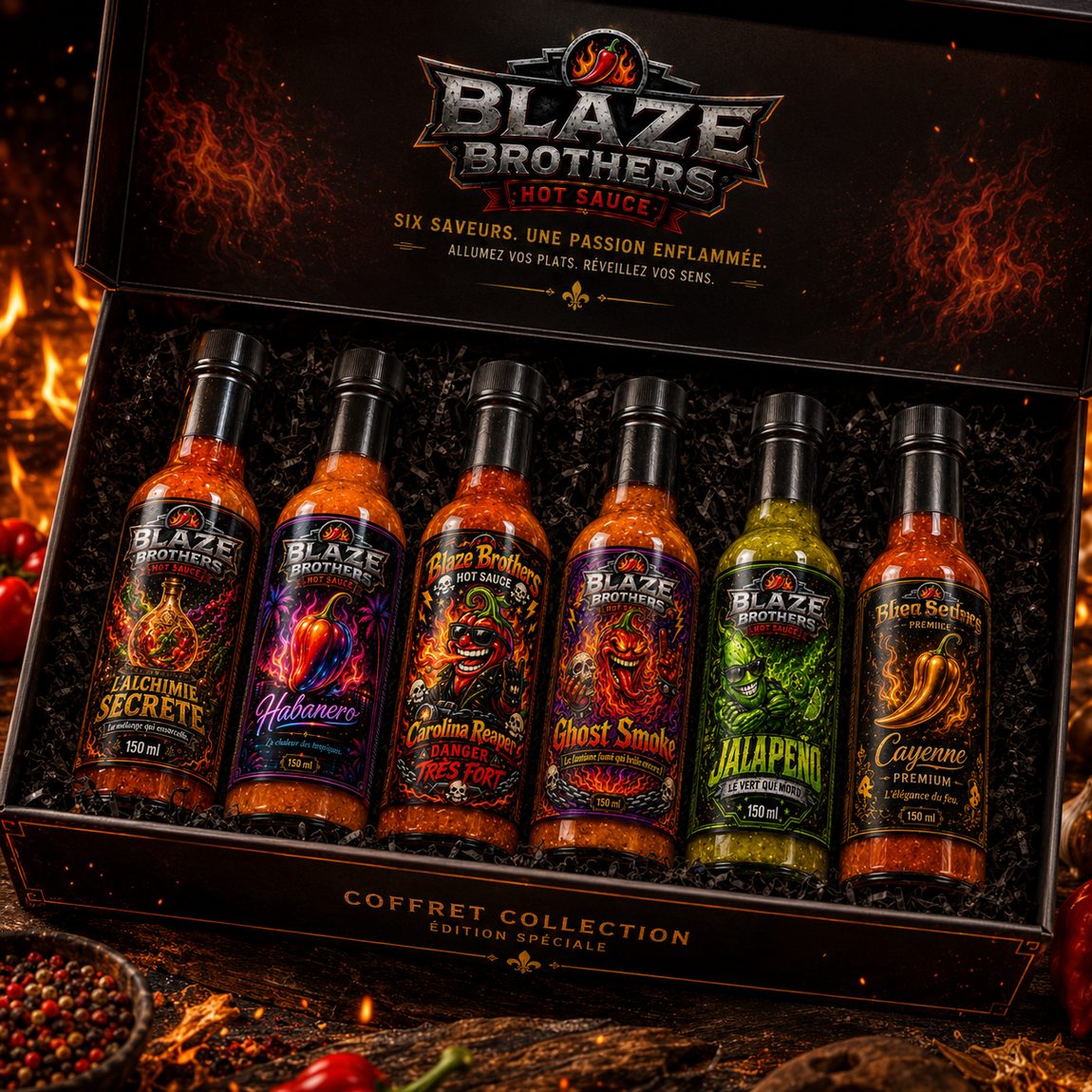 Coffret Collection Blaze Brothers contenant les six sauces de 150 ml