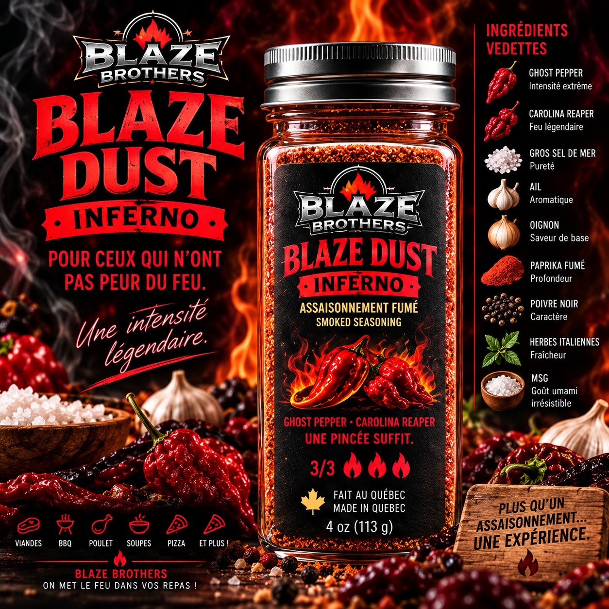 Pot d’assaisonnement fumé Blaze Dust Inferno, Ghost Pepper et Carolina Reaper