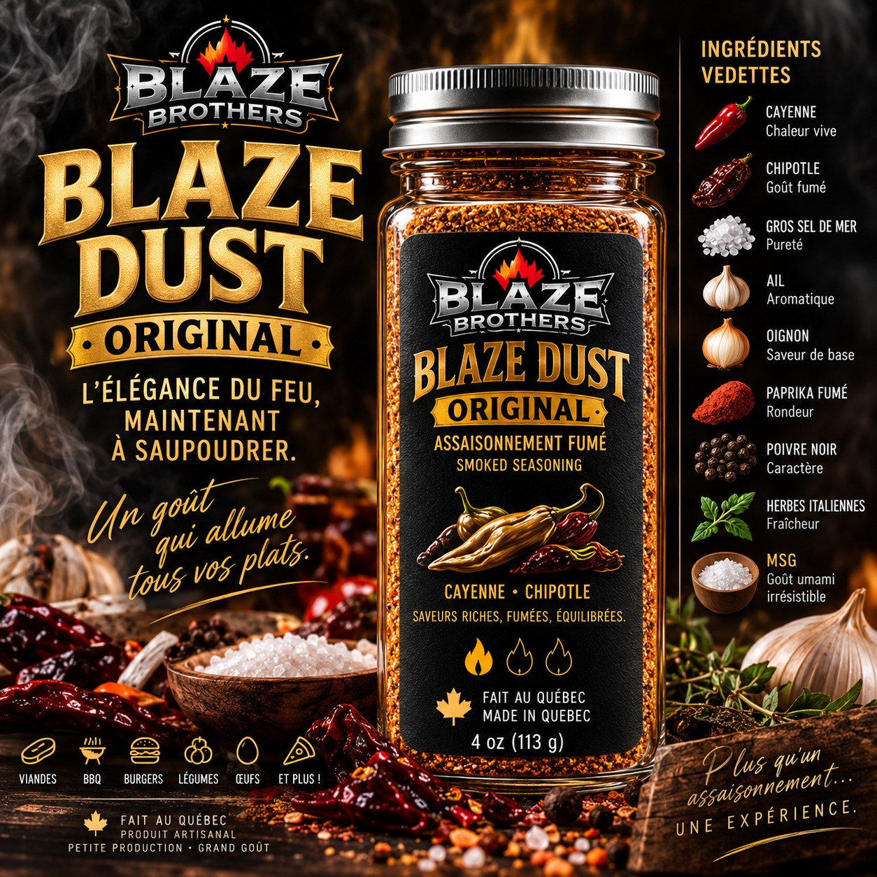 Pot d’assaisonnement fumé Blaze Dust Original, cayenne et chipotle